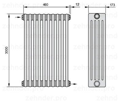 Схема (чертеж) Радиатор Zehnder Charleston 5300/10 №1670 Белый глянцевый RAL 9016